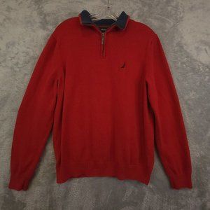 Nautica Mens Sweater Red Pullover 1/4 Zip Tight Knit Long Sleeve 100%‎ Cotton L